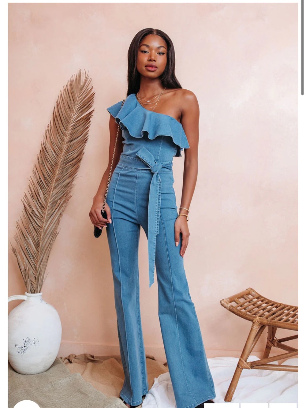 One-Shoulder Ruffle Denim Jumpsuit in WHITE